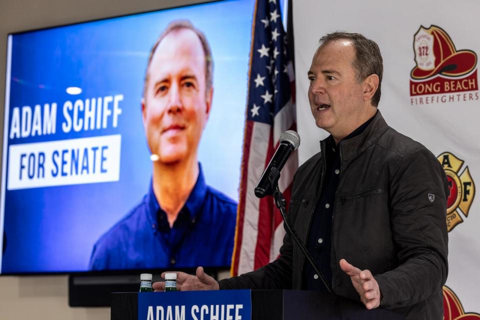 PHOTO: Senate Candidate Rep. Adam Schiff campaigns at Long Beach Firefighters Association Local 372 hall, in Signal Hills, Ca., Feb. 3, 2024. (Irfan Khan/Los Angeles Times via Getty Imag)