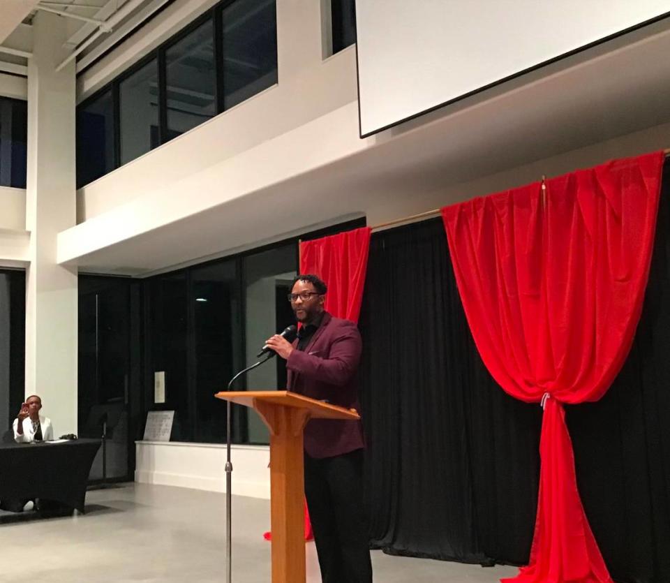 Kenny Robinson, executive director of Freedom Fighting Missionaries, speaks at a graduation ceremony, Thursday, April 27, 2023 at Caldwell Presbyterian Church, where 15 participants in his nonprofit’s reentry program graduated with housing and a job.