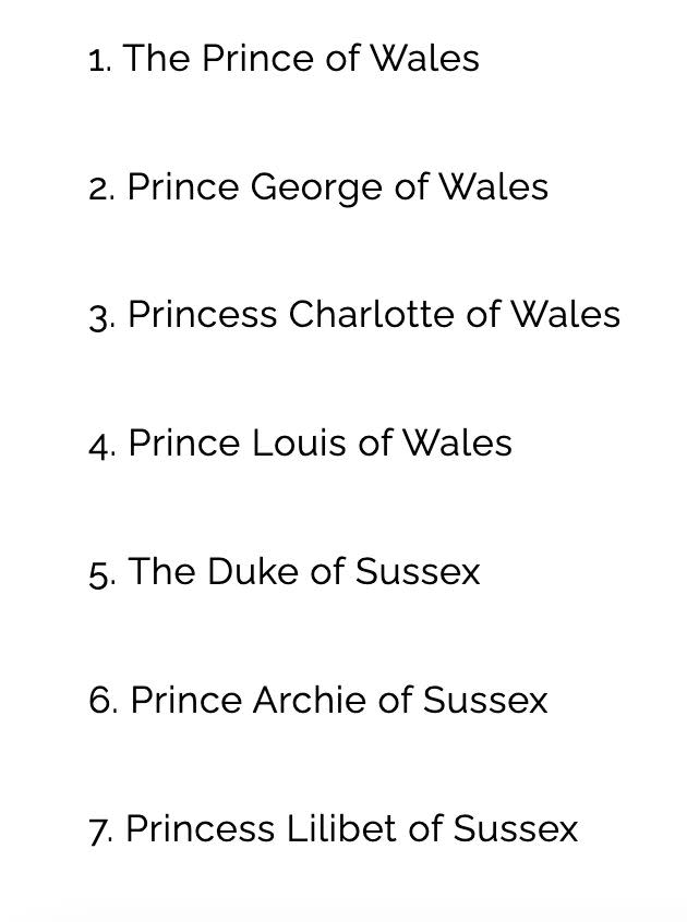 A screenshot from Buckingham Palace's webpage detailing the line of succession now includes the new titles for Prince Archie and Princess Lilibet.