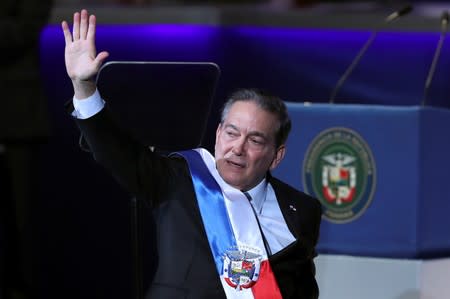 Panama's new President Laurentino Cortizo gestures after addressing the audience during his inauguration ceremony, in Panama City