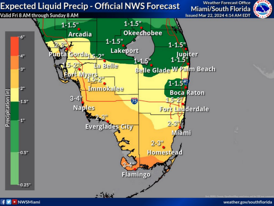 Up to four inches of rain or more are expected this weekend in parts of South Florida, according to the National Weather Service in Miami.