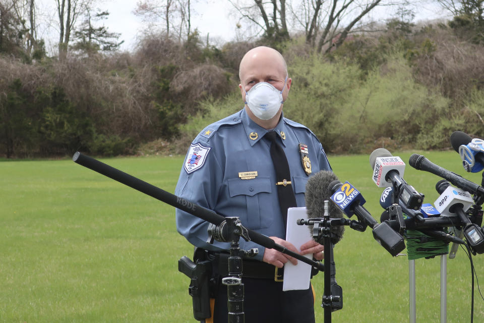 Andover Township Police Department Chief Eric Danielson briefs the media at Andover Subacute and Rehabilitation Center in Andover Township, N.J., on Thursday April 16, 2020. Police responding to an anonymous tip found more than a dozen bodies Sunday and Monday at the nursing home in northwestern New Jersey, according to news reports. (AP Photo/Ted Shaffrey)