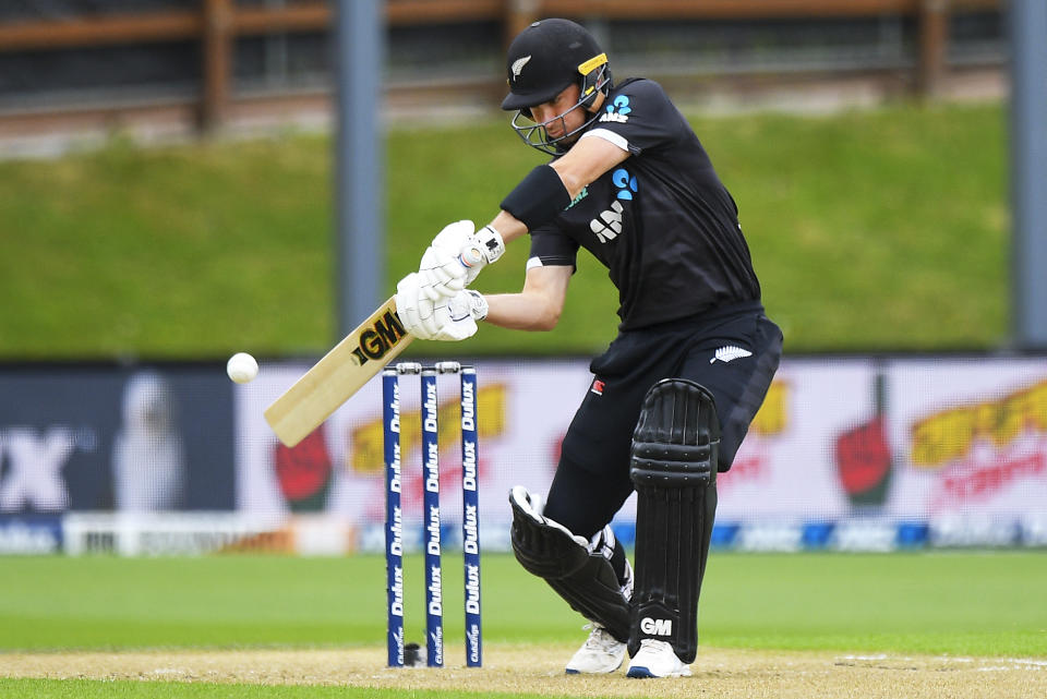 New Zealand's Will Young bats during the first One Day cricket international between New Zealand and Bangladesh at University Oval in Dunedin, New Zealand, Sunday, Dec. 17, 2023. (Chris Symes/Photosport via AP)