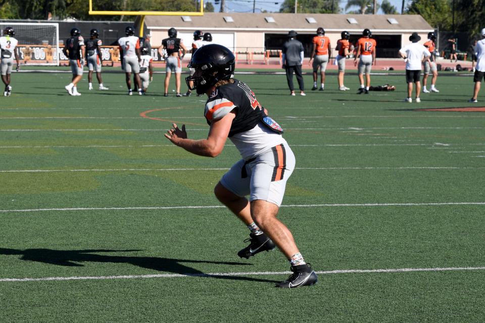 Ben Hall participates in a drill during a Ventura College football practice on Tuesday, Aug. 30, 2023. The Pirates open their season Saturday at Saddleback.