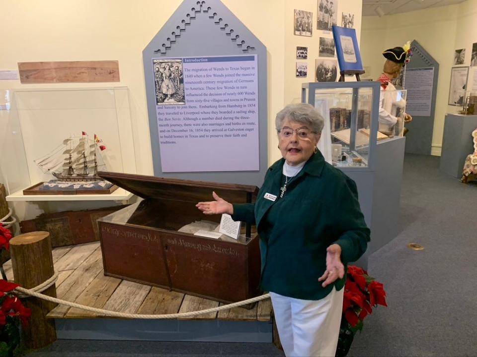 Bettie Horn Bendewald gives an hour tour of the Texas Wendish Heritage Museum, which includes this display on the 600 Wends who made the trip to Texas from Germany in 1854 aboard the Ben Nevis.