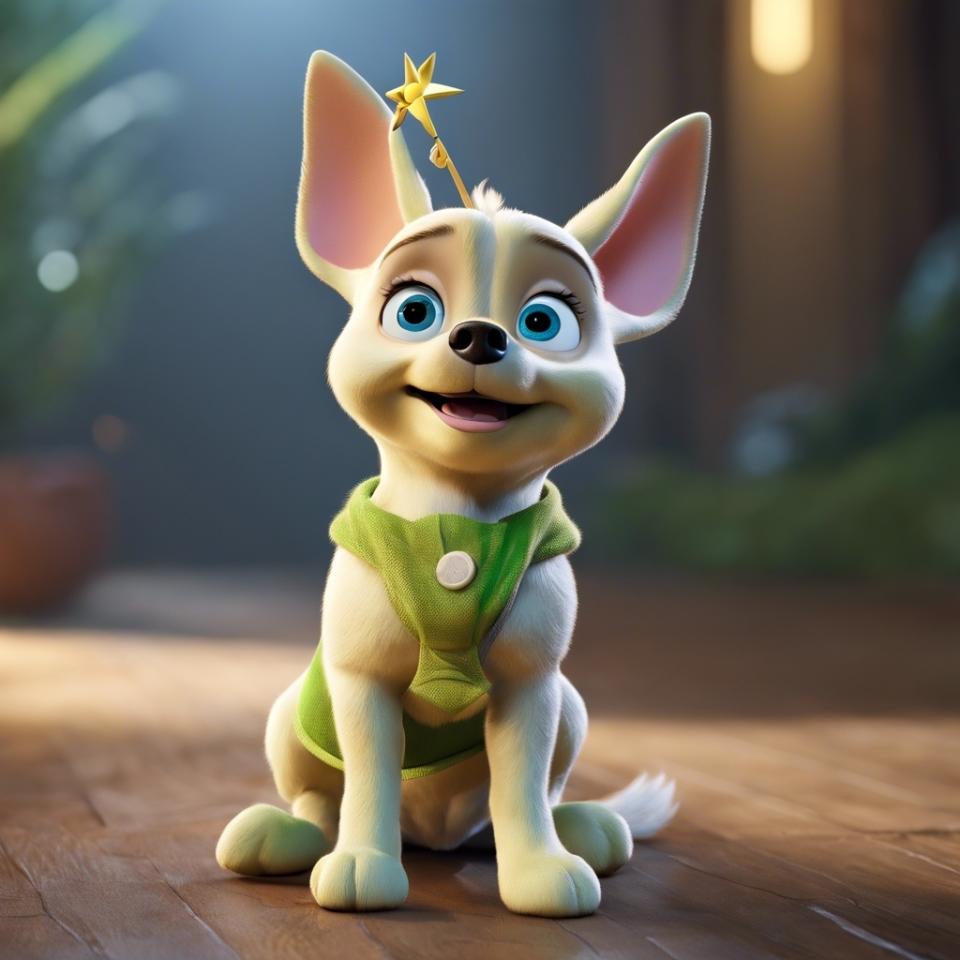 3d AI image of Tinker Bell dressed as a puppy wearing a green shirt and a wand, posing with a big smile