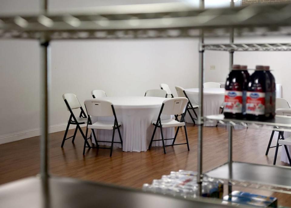 Food shelves inside an event space David Howard is working to convert into a SNAP and EBT grocery store on Wednesday, April 17, 2024. Howard, a long-time investor in the community, hopes to help fight food insecurity in the neighborhood.