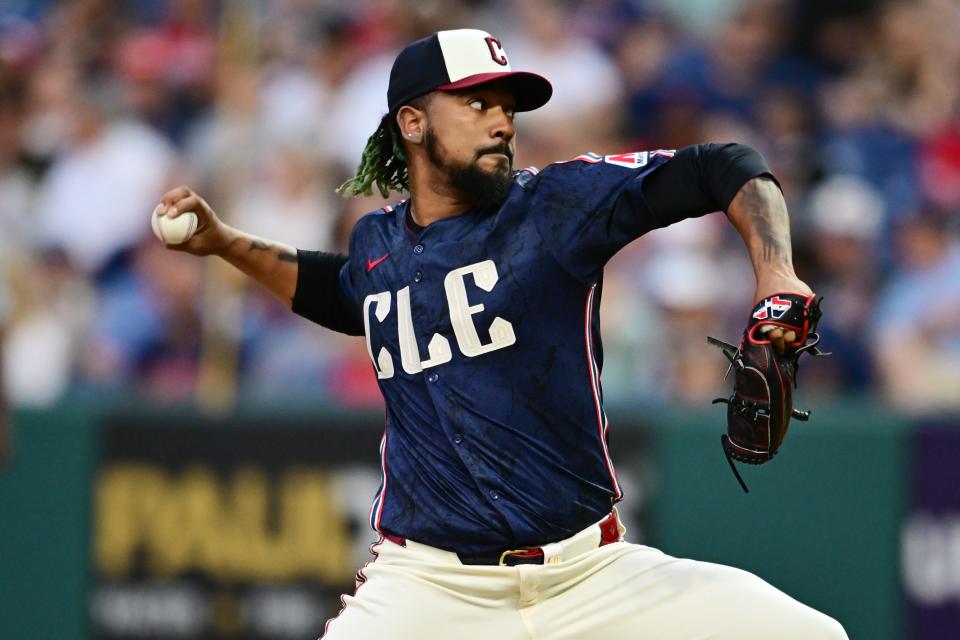 Cleveland Guardians closer Emmanuel Clase (48) throws a pitch during the ninth inning against the Chicago White Sox on July 2 in Cleveland.