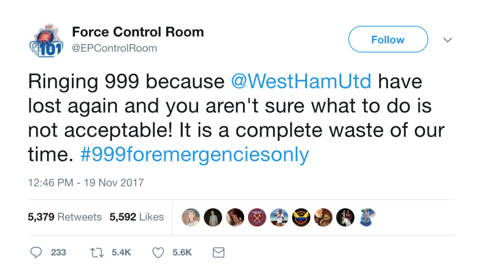 El departamento de policía de Essex le dice a los fans de West Ham que dejen de hablar a la línea de emergencia cada que su equipo pierde. Foto/Twitter@EPControlRoom