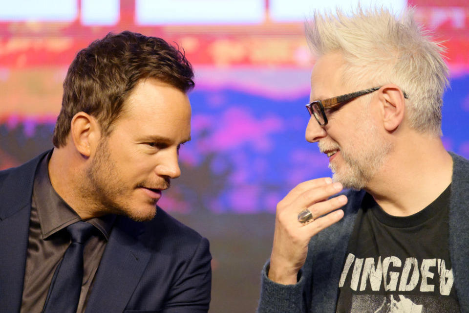 Closeup of Chris Pratt and James Gunn