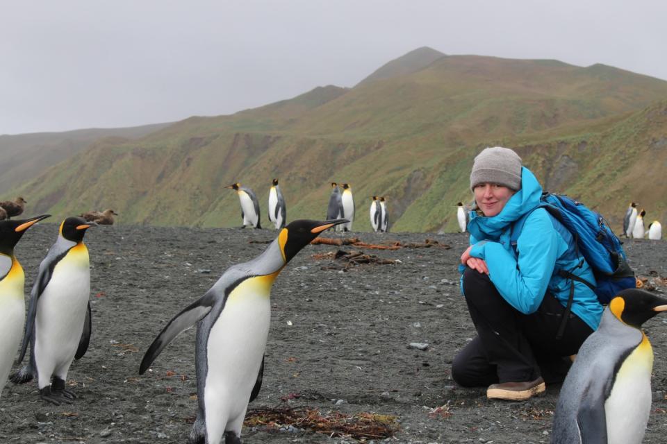 Author Maggie Shipstead crouches in a crowd of King penguins.
