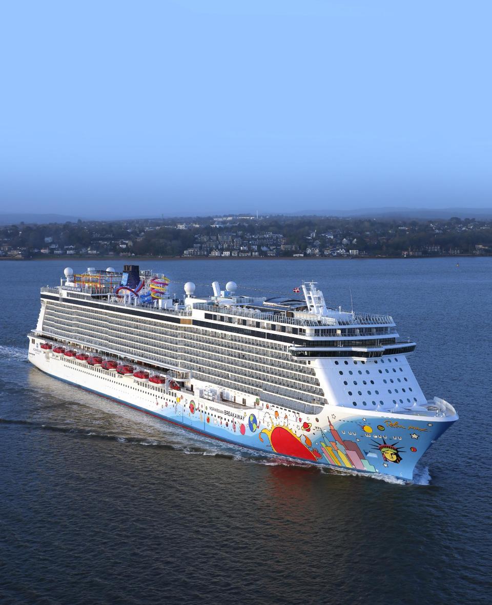 This undated photo provided by Norwegian Cruise Line, the Breakaway, a new ship from Norwegian Cruise Line sports a colorful mural of the city New York City skyline by pop artist Peter Max. The New York City-themed ship, which will homeport from New York, is scheduled to be christened in New York Wednesday May 8, 2013. The Rockettes, best-known for the Radio City Christmas Spectacular, will be doing their signature kick line on the ship for the ceremony. (AP Photo/Norwegian Cruise Line)