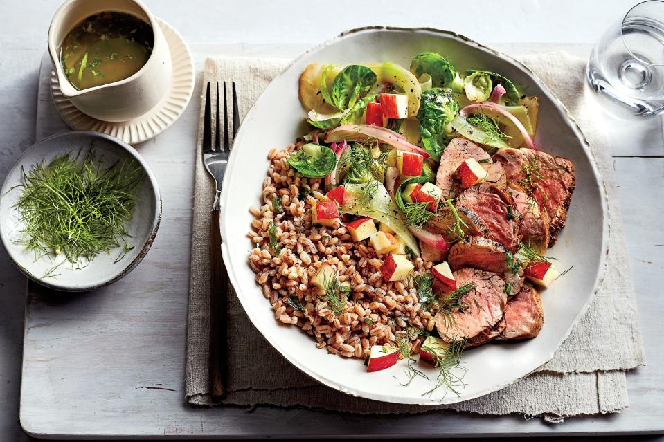 Pork-and-Farro Bowl with Warm Brussels Sprouts-Fennel Salad