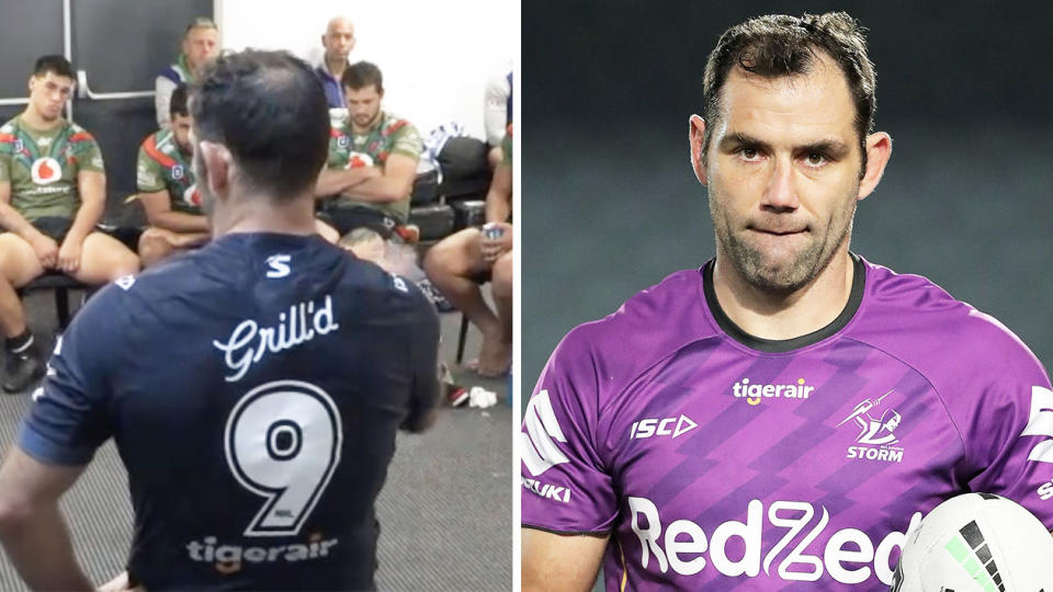 Cameron Smith (pictured left) talking to the Warriors team in the dressing room and (pictured right) traininig.