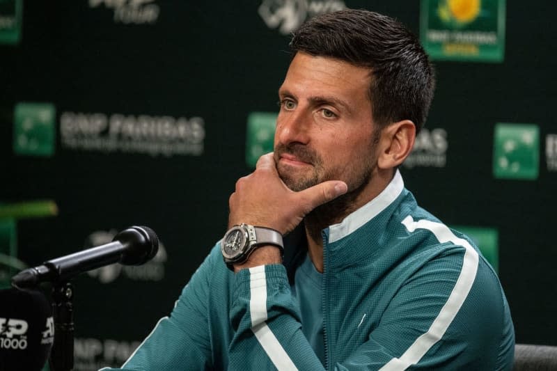 Serbian tennis player Novak Djokovic speaks during a press conference at the Indian Wells Open. Maximilian Haupt/dpa