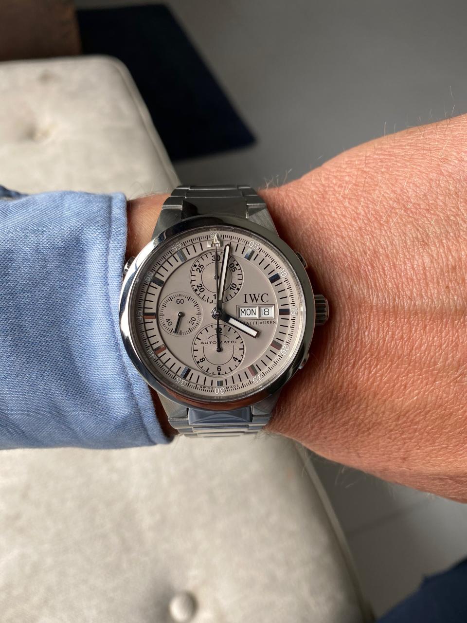 The IWC GST Chronograph Rattrapante—the first big watch purchase Brady made.