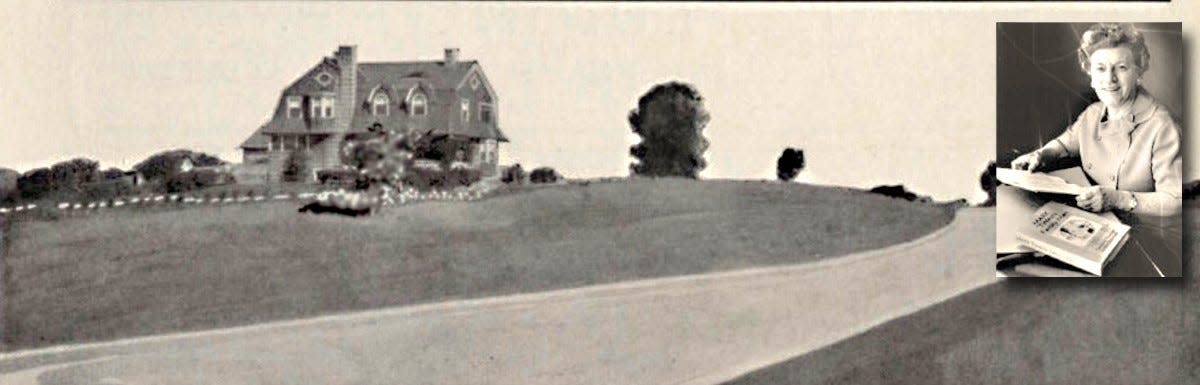 The James Oscar Thomas house was built on the bluff overlooking the Thomas farm and downtown Columbus. At the bottom is the newly created Northwest Boulevard, which was built to connect Goodale Boulevard with the new Upper Arlington community development. The inset shows Caroline Thomas Harnsberger looking over several of her books about Mark Twain.