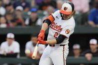 Baltimore Orioles' Gunnar Henderson hits a home run against the Minnesota Twins during the second inning of a baseball game Tuesday, April 16, 2024, in Baltimore. (AP Photo/Jess Rapfogel)