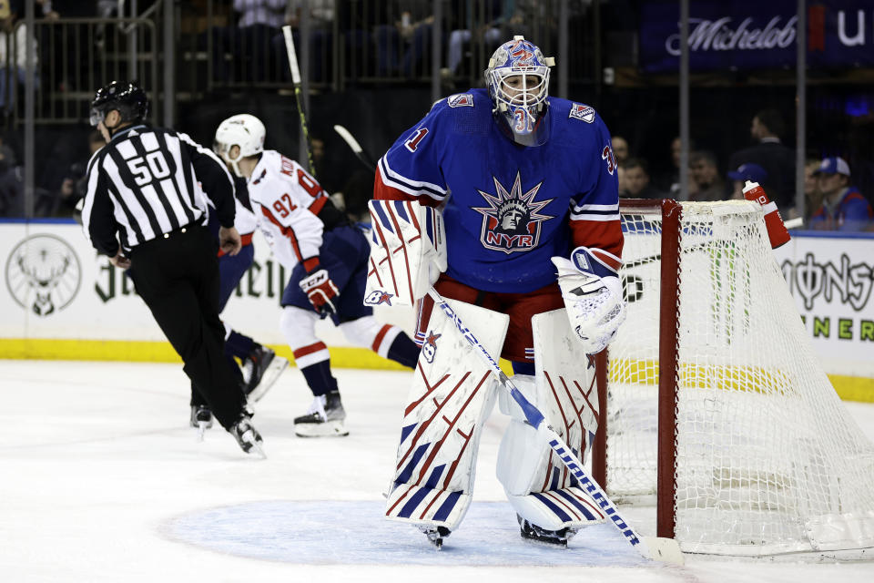 New York Rangers goaltender Igor Shesterkin reacts after giving up a goal to the Washington Capitals during the first period of an NHL hockey game Tuesday, Dec. 27, 2022, in New York. (AP Photo/Adam Hunger)