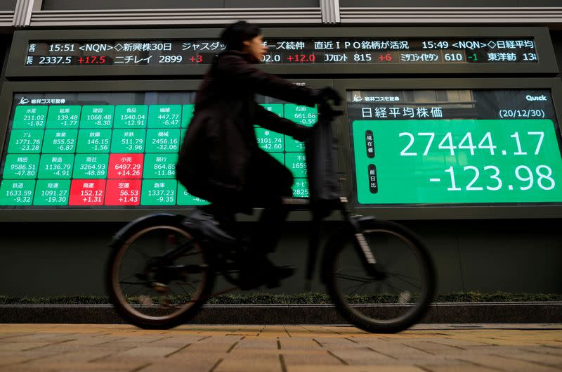 FILE PHOTO: Screen displays Nikkei share average and stock indexes outside a brokerage in Tokyo