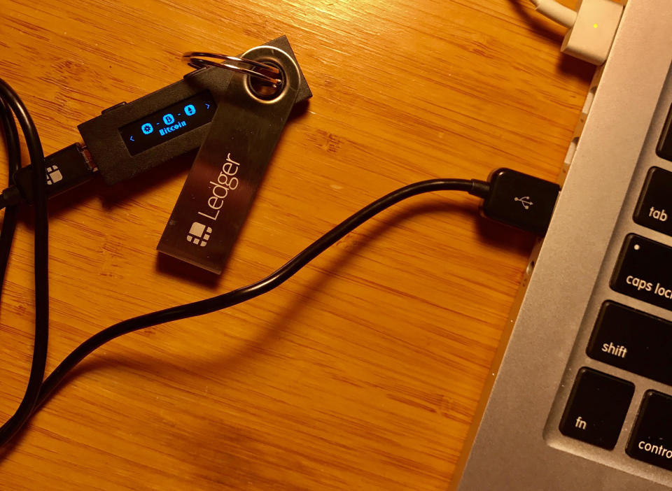 Ledger Nano S, plugged into an Apple laptop. (Daniel Roberts/Oath)