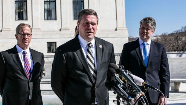 PHOTO: Andrew Bailey, Missouri's attorney general, speaks to members of the media following oral arguments outside the US Supreme Court in Washington, DC, Feb. 28, 2023. (Valerie Plesch/Bloomberg via Getty Images, FILE)