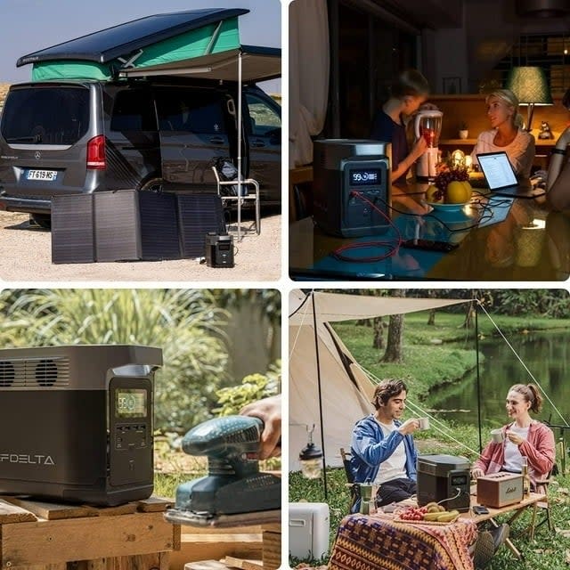 Collage of portable power stations in use outdoors, charging devices and powering appliances