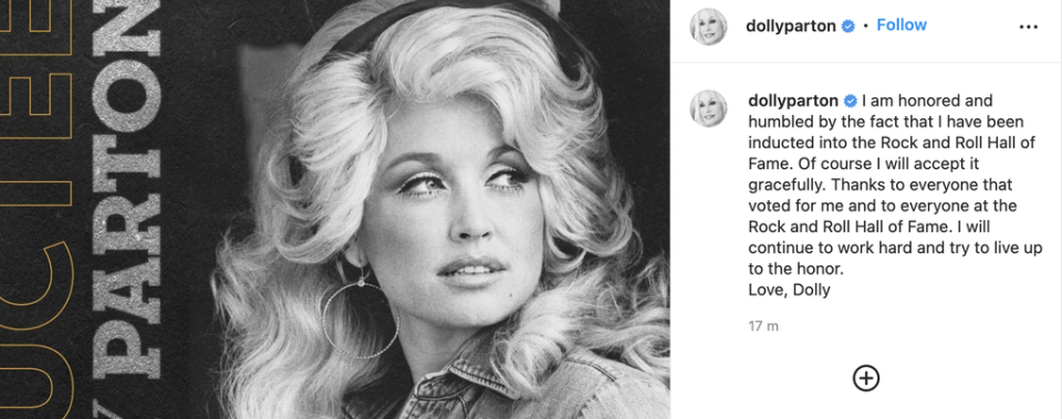 Dolly Parton has ‘accepted’ her Rock & Roll Hall of Fame win (Instagram)