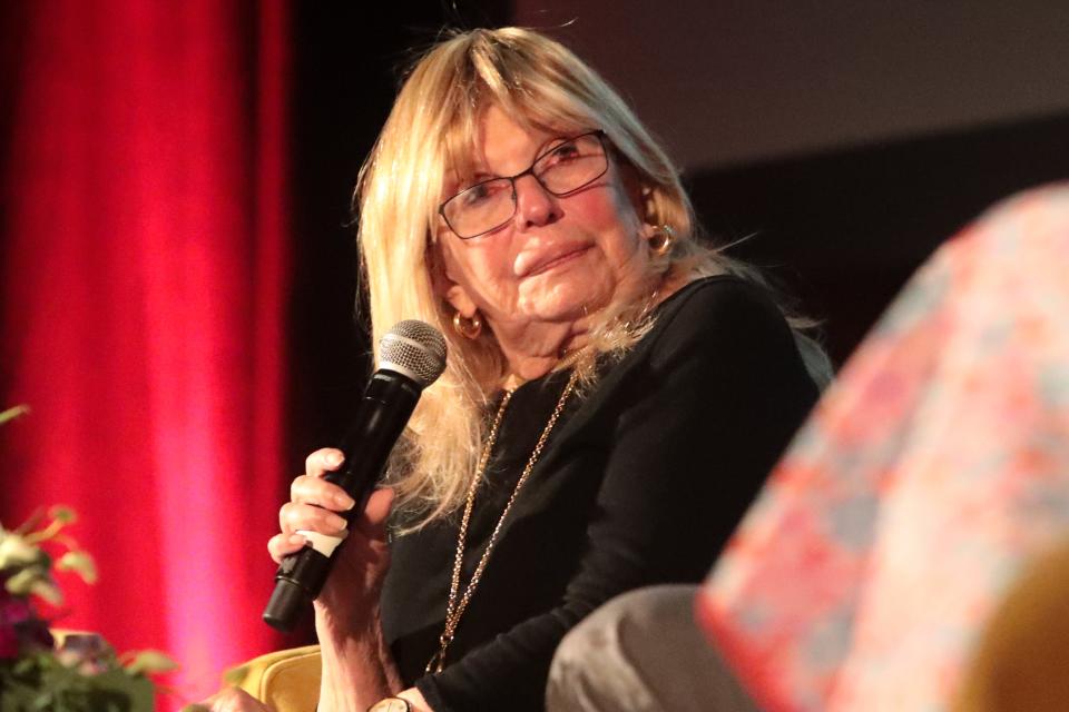 Nancy Sinatra speaks at a benefit produced by Modernism Week for the Plaza Theatre restoration on Sunday, Feb. 16, 2020 in Palm Springs, Calif.