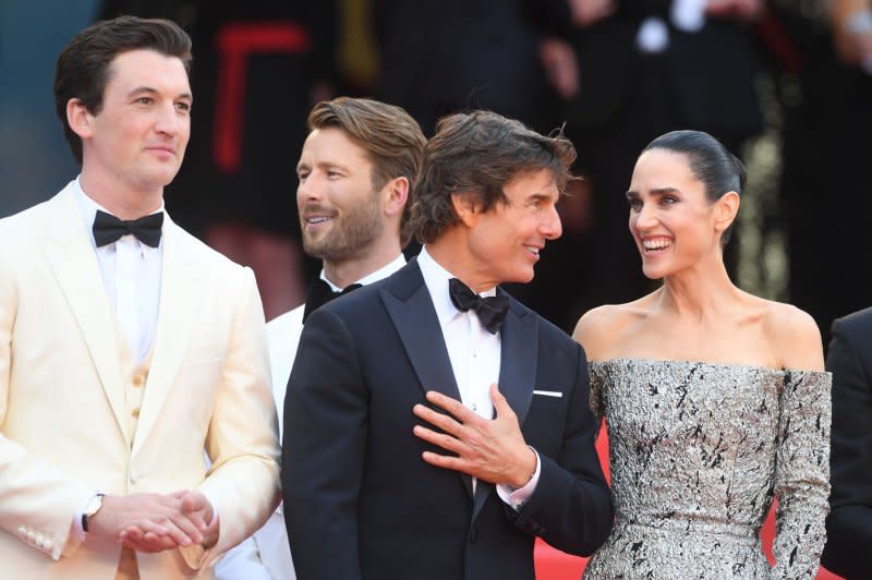 Miles Teller, Glen Powell, Tom Cruise and Jennifer Connelly, from left to right, attend the Cannes Film Festival premiere of "Top Gun: Maverick" in 2022. File Photo by Rune Hellestad/UPI