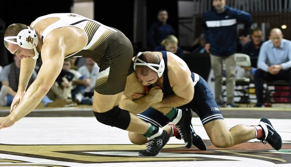 Penn State’s Max Dean looks to finish off a takedown on Lehigh’s Michael Beard in their 197-pound match in the Nittany Lions’ 24-12 win on Sunday, December 4, 2022. Beard, who is a former Penn State wrestler, beat Dean, 11-9, to hand the current Nittany Lion his second straight loss.