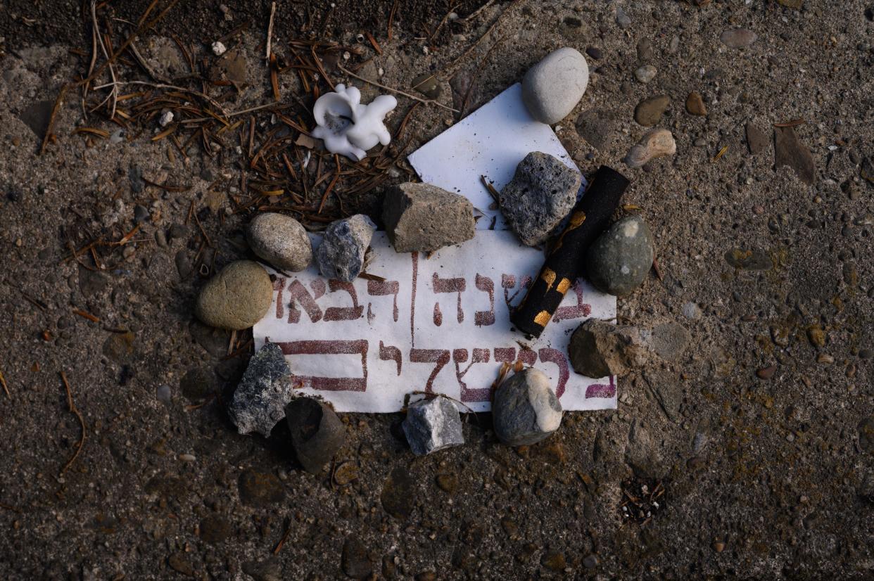 A small memento is left on a wall at the Tree of Life synagogue in Pittsburgh to mark the fifth anniversary of the Oct.. 25, 2018 mass shooting. The killing of 11.during Saturday morning Shabbat services is believed to be the deadliest attack against American Jews.