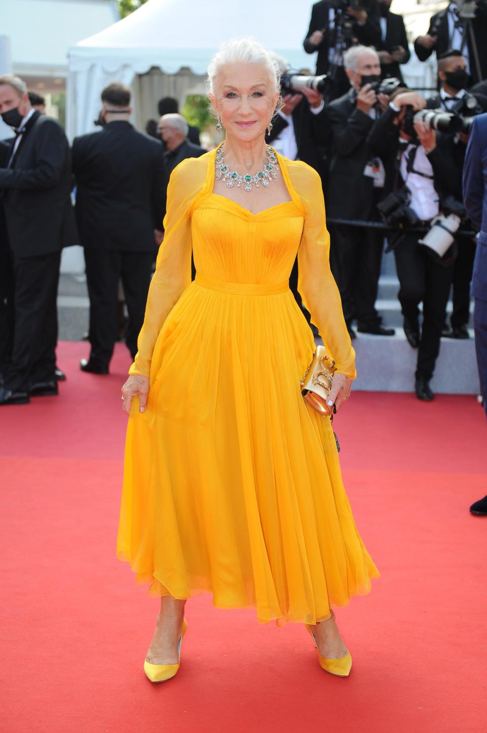 Helen Mirren attends the opening ceremony and the premiere of the opening film "Annette" during the 74th Annual Cannes Film Festival at Palais des Festivals.