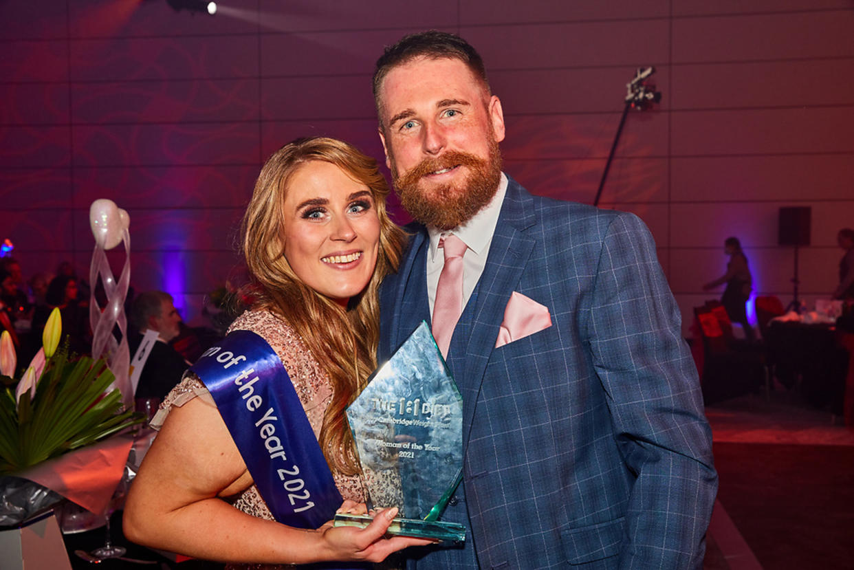 Rachel Walkingshaw-McGuinness and her husband Jamie after she won the Woman of the Year Award. (Caters)