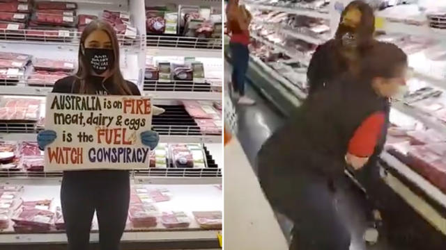 Vegan activist Tash Peterson's Coles, Woolworths Christmas protest