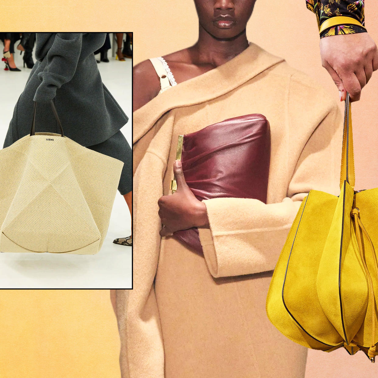  Graphic of fall 2023 bag trends like totes, clutches, and bucket bags. 