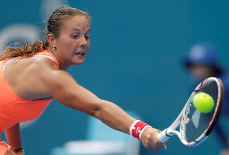 Tennis - Sydney International - Olympic Park, Sydney, Australia - 10/1/17 Daria Kasatkina of Russia plays a backhand return to Angelique Kerber of Germany. REUTERS/Jason Reed