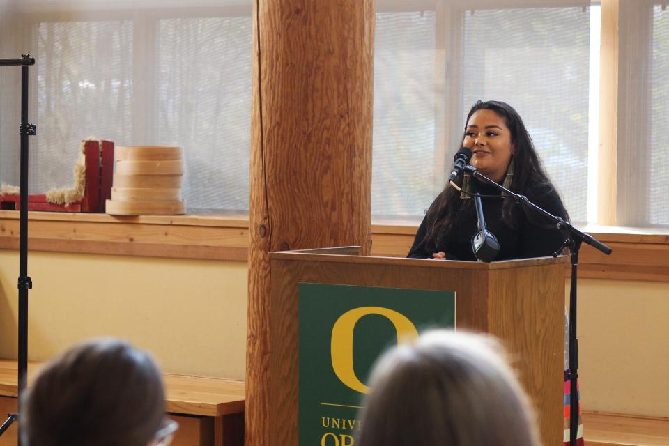 University of Oregon junior and Native American Student Union co-director Megan Van Pelt talks about how she and other Native students will benefit from the new Home Flight Scholars Program at the Many Nations Longhouse on Monday, Oct. 10, 2022.