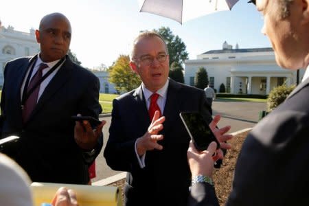 White House Office of Management and Budget (OMB) Director Mick Mulvaney speaks to reporters outside the White House in Washington, U.S. October 4, 2017.  REUTERS/Jonathan Ernst