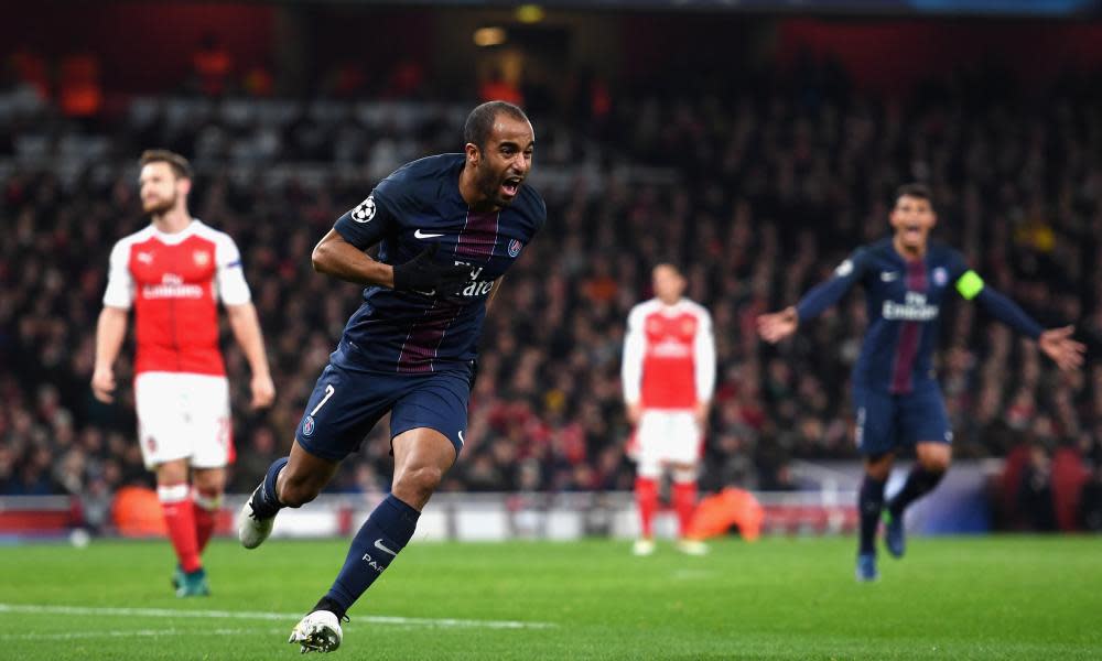 Lucas Moura celebrates after equalising for PSG in the second half.