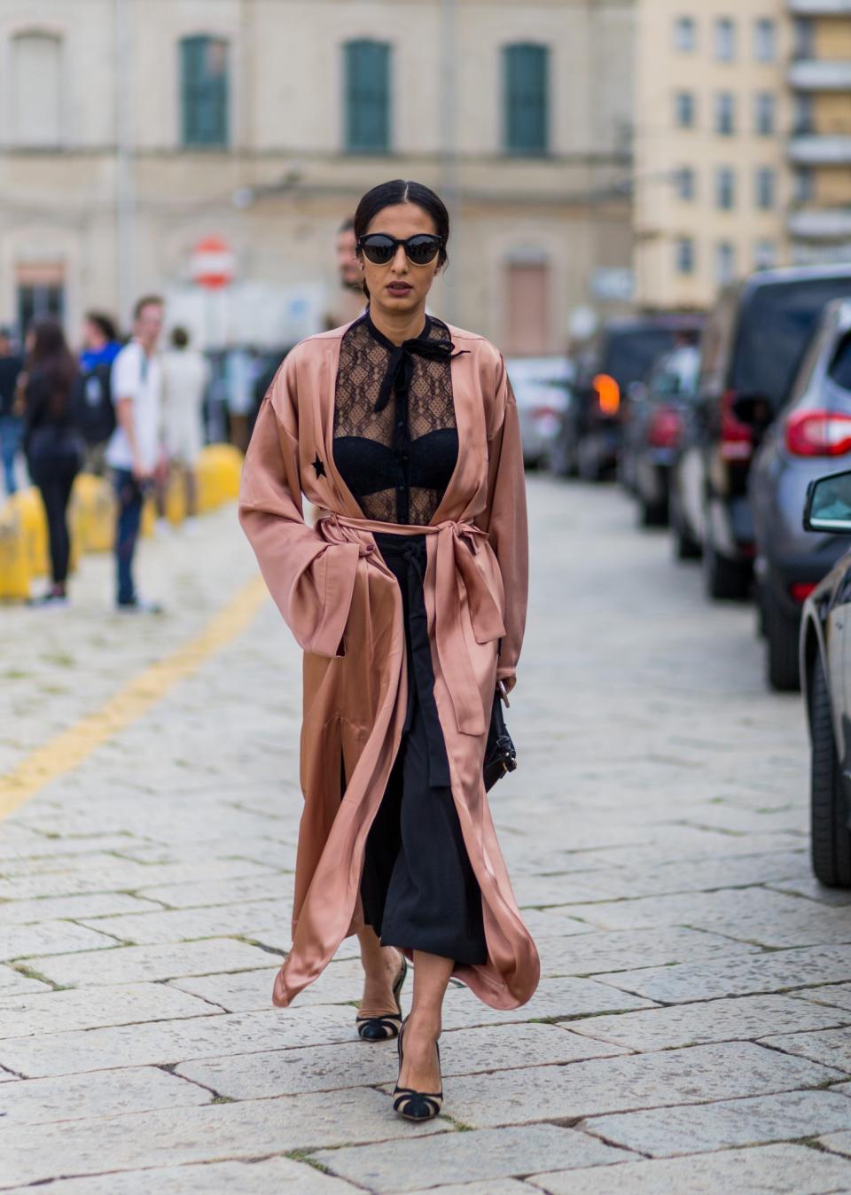 Nausheen Shah is all laced up outside of the Gucci show in Milan.