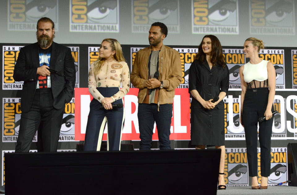 SAN DIEGO, CALIFORNIA - JULY 20: (L-R) David Harbour, Florence Pugh, O. T. Fagbenle, Rachel Weisz and Scarlett Johansson speak at the Marvel Studios Panel during 2019 Comic-Con International at San Diego Convention Center on July 20, 2019 in San Diego, California. (Photo by Albert L. Ortega/Getty Images)