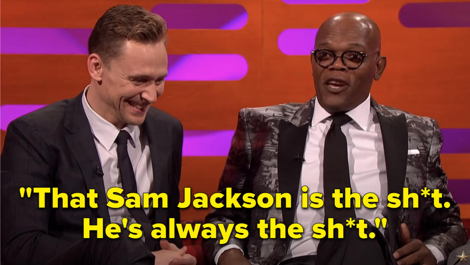 Tom Hiddleston laughs at Sam Jackson