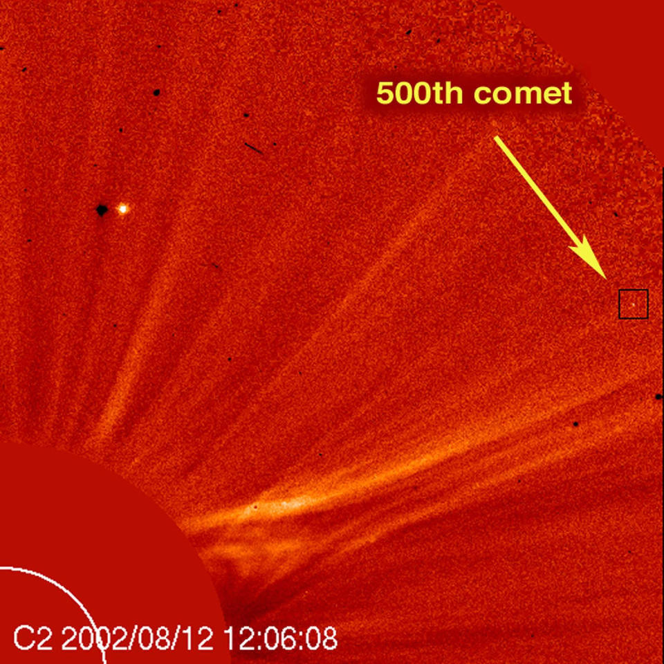 IN SPACE - AUGUST 14:  A small object spotted by Rainer Kracht of Elmshorn in Germany, in an image from the Soar and Heliospheric Observatory (SOHO), has been confirmed as the 500th comet discovered in images provided by the satellite, which is in orbit 1 million miles from earth. The $1 billion orbiter, a joint program of NASA and the European Space Agency, trains instruments on the sun (lower left), giving it the opportunity to catch glimpses of the icy bodies as they fly nearby.  (Photo by SOHO/Getty Images)  