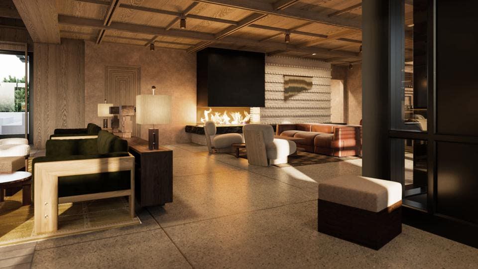 In a rendering of the new Mollie hotel in Aspen, Colorado, the furnishings are sleek