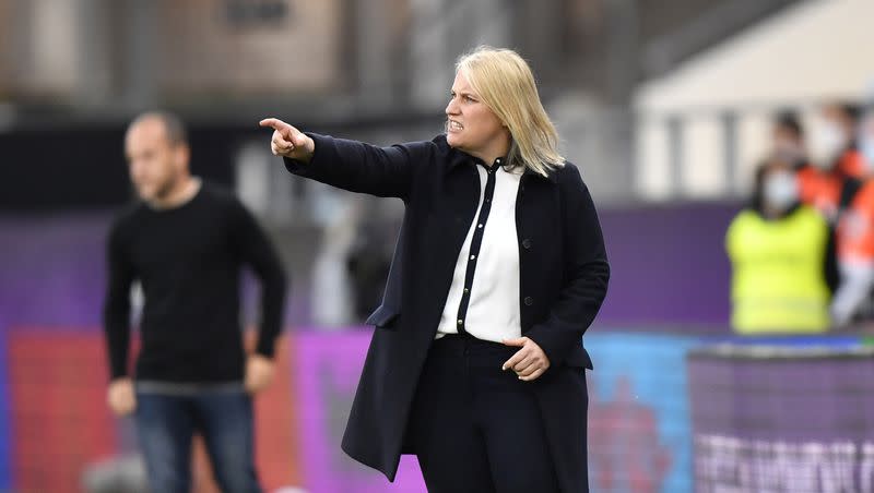 Chelsea coach Emma Hayes gives instructions from the sideline during the UEFA Women’s Champions League final soccer match between Chelsea FC and FC Barcelona in Gothenburg, Sweden, on May 16, 2021.