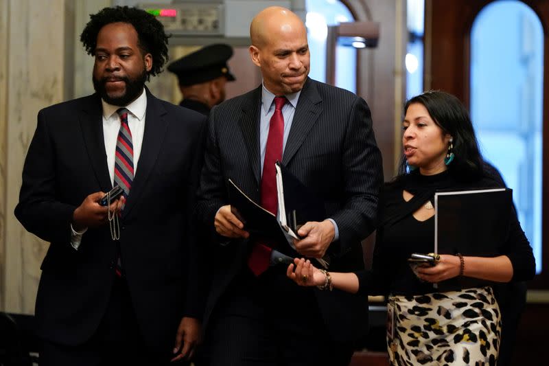 Senator Cory Booker (D-NJ) arrives as the Trump impeachment trial continues in Washington.