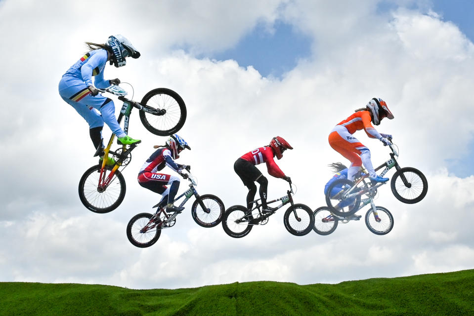 <p>Belgian Elke Vanhoof (L) pictured in action during the quarter finals of the women's BMX cycling competition on the seventh day of the 'Tokyo 2020 Olympic Games' in Tokyo, Japan on Thursday 29 July 2021. The postponed 2020 Summer Olympics are taking place from 23 July to 8 August 2021. (Photo by DIRK WAEM/BELGA MAG/AFP via Getty Images)</p> 