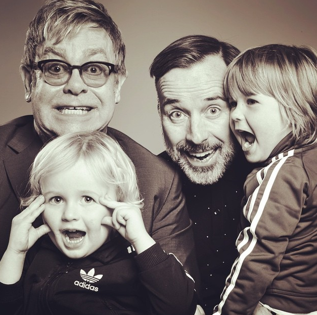 David Furnish shared this adorable family portrait with husband, Elton John, and their two sons Zachary and Elijah. Copyright: [Instagram]