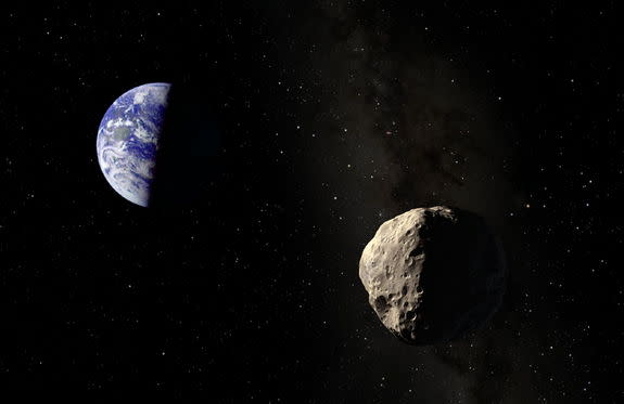 An artist's illustration of asteroid Apophis near Earth. The asteroid will fly extremely close to Earth in 2029, and then again in 2036, but poses no threat of hitting the planet.